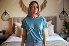 Woman wearing teal t shirt mockup Product Image 1