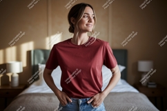 Woman wearing maroon t shirt and jeans image Product Image 1
