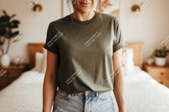 Woman wearing olive green t shirt and denim shorts Product Image 1