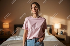 Young woman wearing pink t shirt and jeans image Product Image 1