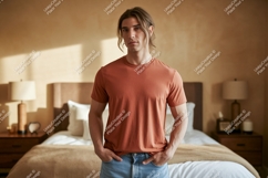 Man wearing terracotta t shirt and denim jeans t-shirt Product Image 1
