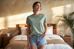 Woman wearing green t shirt and denim shorts image Product Image 1