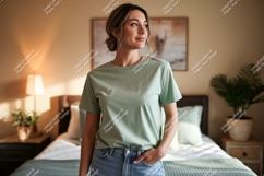 Woman wearing green t-shirt mockup casual Product Image 1