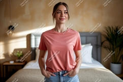 Woman wearing salmon pink t shirt and blue jeans image Product Image 1