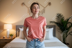 Woman wearing coral t shirt and denim shorts image Product Image 1