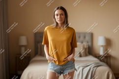 Woman wearing mustard t shirt and denim shorts image Product Image 1