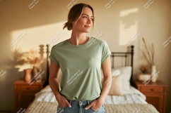 Woman wearing green t shirt and jeans image Product Image 1