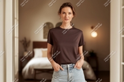 Woman wearing brown t shirt and denim shorts image Product Image 1