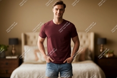Man wearing maroon t shirt and denim shorts image Product Image 1