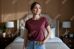 Woman wearing maroon t shirt and denim jeans t-shirt Product Image 1