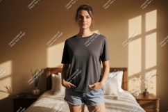 Woman wearing plain t shirt and denim shorts image Product Image 1