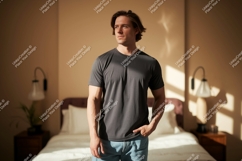 Man wearing dark grey t shirt t-shirt casual Product Image 1