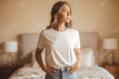 Woman wearing white t shirt and jeans image Product Image 1