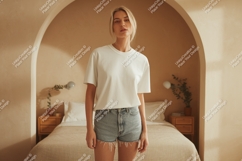 Woman wearing white t shirt and denim shorts image Product Image 1