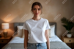 Woman wearing white t shirt and jeans t-shirt bedroom Product Image 1