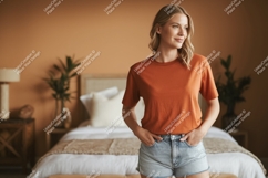 Woman wearing orange t shirt denim shorts image Product Image 1