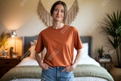 Woman wearing orange t shirt and jeans image Product Image 1
