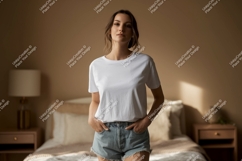 Woman wearing white t shirt and denim shorts image Product Image 1