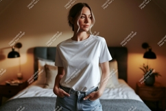 Woman wearing white t shirt and denim jeans image Product Image 1