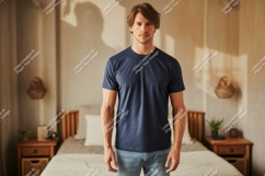 Man wearing dark blue t shirt casual Product Image 1