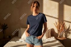 Woman wearing navy t shirt denim shorts image Product Image 1