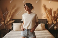 Woman wearing white t shirt and denim shorts image Product Image 1