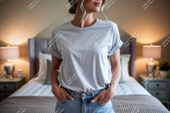 Woman wearing light blue t shirt and denim shorts t-shirt Product Image 1