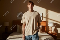 Man wearing beige t shirt and denim shorts image Product Image 1