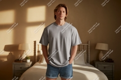 Man wearing grey t shirt and denim shorts image Product Image 1