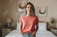 Woman wearing coral t shirt and jeans image Product Image 1