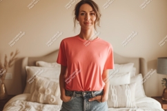 Woman wearing coral t shirt and denim shorts image Product Image 1