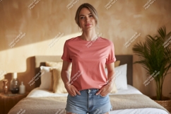 Woman wearing pink t shirt and denim shorts image Product Image 1