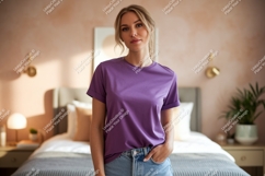 Woman wearing purple t shirt and jeans image Product Image 1