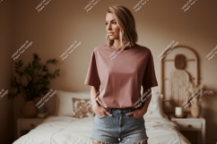 Woman wearing pink t shirt denim shorts image Product Image 1