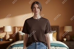 Woman wearing brown t shirt in bedroom image Product Image 1