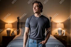 Man wearing dark t-shirt and jeans bedroom interior Product Image 1