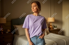 Woman wearing lavender t-shirt and denim shorts Product Image 1