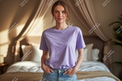 Woman wearing lavender t-shirt casual denim Product Image 1