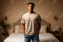 Man wearing beige t shirt and denim shorts Product Image 1