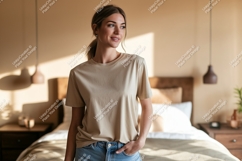 Woman wearing beige t shirt in bedroom Product Image 1