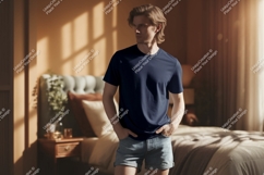 Man wearing navy t shirt and denim shorts image Product Image 1