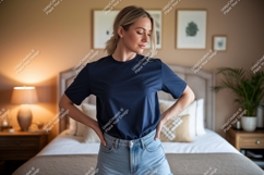Woman wearing navy t shirt and denim shorts image Product Image 1