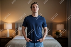Man wearing navy t shirt and jeans image Product Image 1