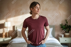 Man wearing maroon t shirt casual Product Image 1