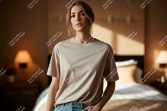 Woman wearing plain beige t shirt and denim jeans image Product Image 1