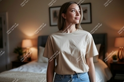 Woman wearing beige t-shirt in bedroom Product Image 1