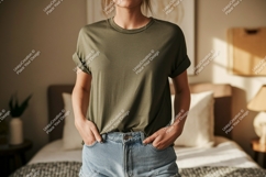 Olive green t shirt denim shorts mockup image Product Image 1