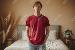 Man wearing red t shirt and jeans t-shirt casual Product Image 1