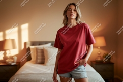 Woman wearing red t shirt and denim shorts image Product Image 1