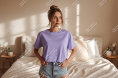 Woman wearing lavender t shirt and denim shorts image Product Image 1